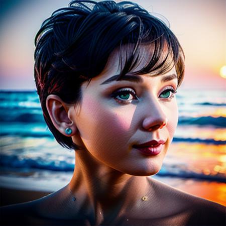 closeup photography, sexy AH<lora:AH:1>, short hair, beach at sunset background, casual dressing, looking at viewer, hyperealistic