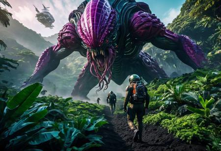A 32k HQ Wallpaper of a futuristic spaceship crew landing on an alien world, captured in detailed clarity with high-performance camera settings and a wide-angle lens that captures the vast landscape and the unfamiliar flora. In the center of the image, the spaceship's captain strides confidently towards the foreground, flanked by a muscled, heavily armed sergeant and a pair of uniquely adept pilots. In the distance behind them, a massive creature with tentacles emerges from an exotic forest. The image is captured in vibrant, intense colors that create a mood of both awe and danger --s 1000