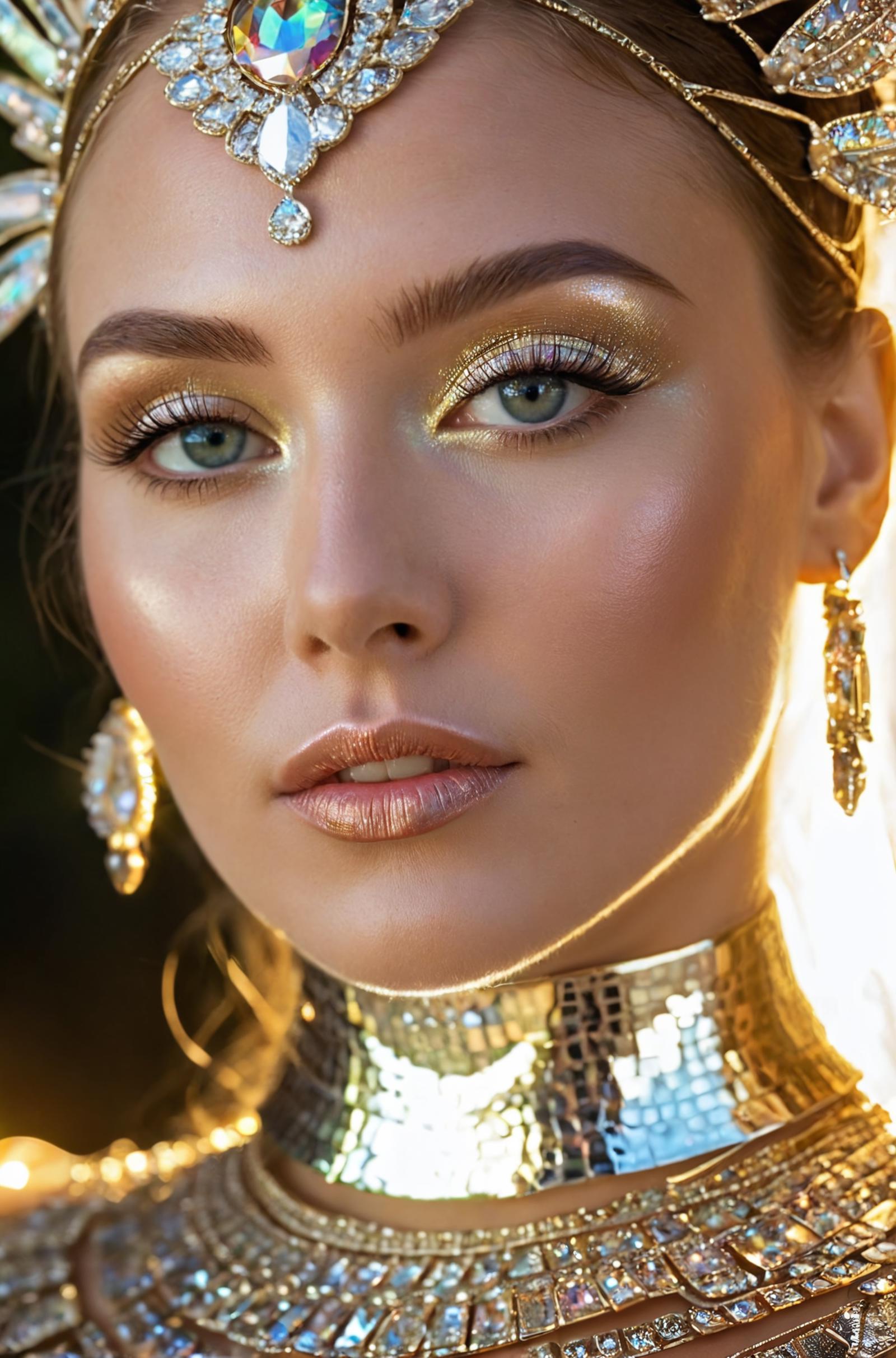 A woman with blue eyes and gold accents on her face, wearing a gold necklace with a pearl headband.