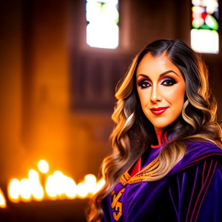 closeup portrait of beautiful  toothBaker (cosplayed as a female comic superhero: 1.3) sitting on a throne, inside a gothic church, spot lighting, wet stone, bokeh, film, detail, dslr, Nikon Z FX