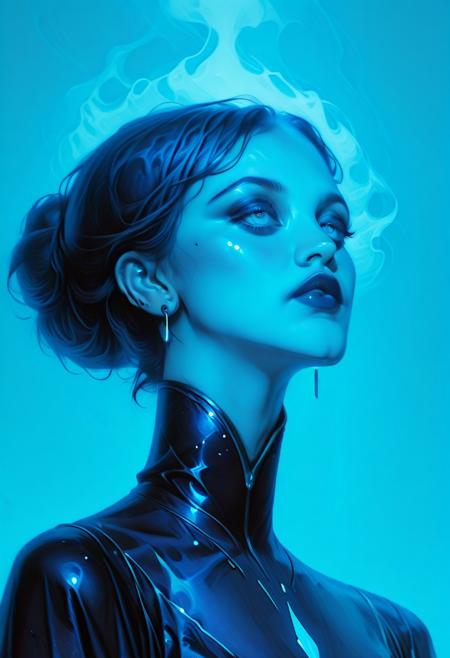 Art by Eli Minaya. A digital illustration in style of James C. Christensen Ethereal minimalist Alien race cybergoth fashion photography drawing, in the style of teal and gold, waist-high portrait, intricate, sharp focus, concept art, background zentangle fog.
