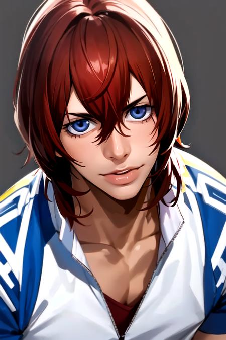 hayato_shinkai, red hair, blue eyes, hair between eyes