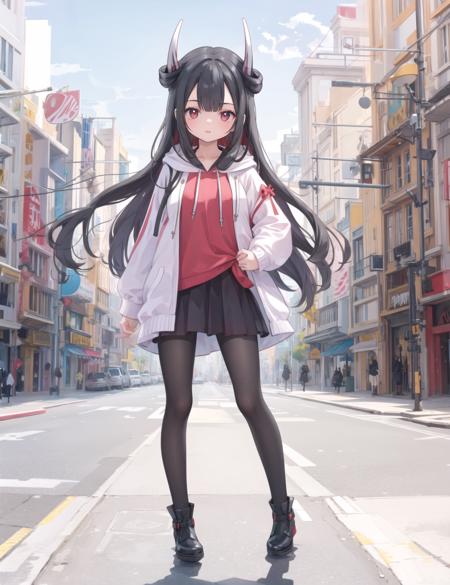 <lora:hatsuzuki_V2_lbw:1> 
1girl, full body,  standing, 
hatsuzuki, horns, black hair,
hoodie, masterpiece, best quality,