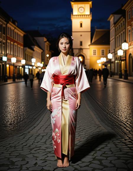 RAW full body analogue photo of a beautiful 25 years old Asian woman, clear focus, high resolution image, <lora:Ai_Lotus:0.75>,Wearing traditional japanese clothes kimono,low light, soft natural light, Rembrandt style light, Hasselblad DLSR camera, 200mm Zeiss lens, f/2.8 ,Sexy pose, erotic pose, exhibitionism, ,((A historic town square with cobblestones and a clock tower))