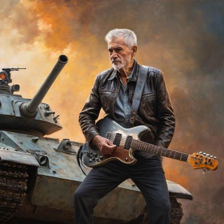high-resolution oil painting of an old man playing electric guitar while standing on an assault tank, short grey hair, leaning forward, mood confident, dramatic lighting, side view, texture leather jacket, bokeh background