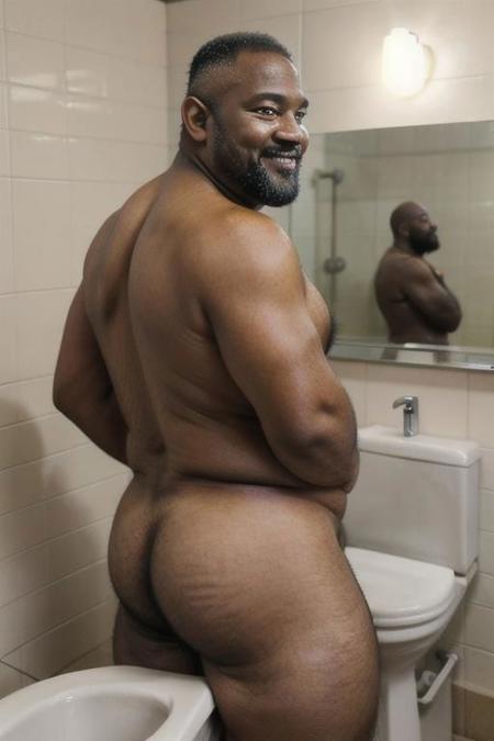 65 years old, mature, daddy, gray beard, fat face, brazillian, black man, long bearded, chubby, fat,  from back to left,  in public toilet, looking at the viewer, smiling