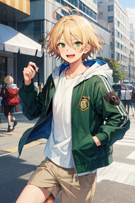 <lora:AiraShiratori-03:0.7> , aira shiratori, solo, smile, open mouth, blonde hair, shirt, 1boy, jewelry, green eyes, jacket, ahoge, male focus, hood, hoodie, umbrella, green jacket