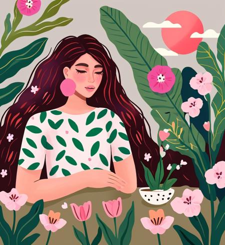 girl, flowers, nature, plants, leaves, pink, garden, illustration