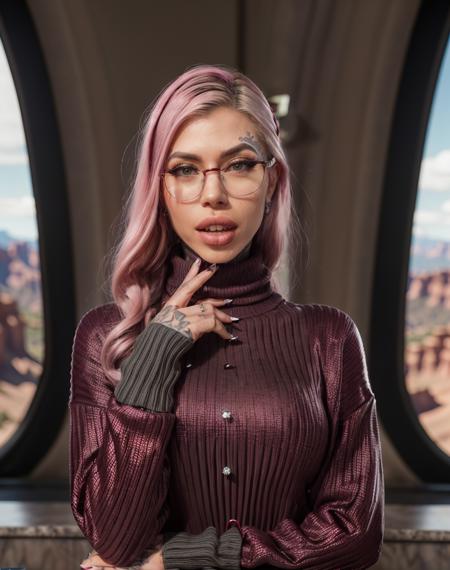 cinematic photo , raw,   textured skin, realistic, style raw, <lora:quiron_ChantalDanielle_v3_lora:0.97> ChantalDanielleQuiron Woman Dressed in the (style of Noir Librarian  modest outfit  Minimalist Maroon Turtleneck sweater with Necktie and Crystal ball) (with Thundering Canyons in the background ),  Posing as if cheering,          . 35mm photograph, film, bokeh, professional, 4k, highly detailed