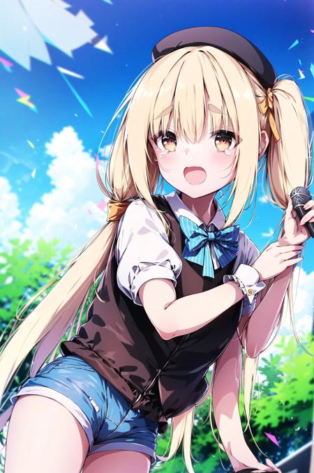 1girl, futaba anzu, long hair, solo, hat, striped, twintails, blonde hair, sky, short sleeves, open mouth, microphone, puffy sleeves, puffy shorts, bow, puffy short sleeves, low twintails, cloud, shorts, day, brown eyes, holding, stuffed toy, stuffed animal, stuffed bunny, holding microphone, blush, white headwear, blue sky, shirt, thighhighs, tears, outdoors, food, wrist cuffs, looking at viewer, very long hair, bangs, dutch angle, center frills, blue bow, bowtie, beret, white shirt, hair bow, hair between eyes, standing, striped bow, frills, hat bow, vest, jacket, v-shaped eyebrows, (masterpiece,best quality)