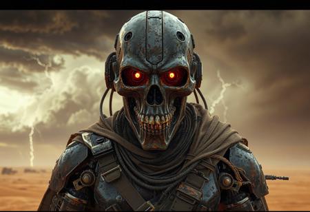 8K UE5/Octane render of a post-apocalyptic cyborg warrior (Mad Max-inspired) with hyper-detailed welded steel skull mask, exposed hydraulic jaw, and rusted cybernetic arms. Volumetric supercell storm backdrop with lightning-lit sandstorms. Design fuses George Miller's dystopian grit with H.R. Giger's biomechanics: oil-leaking pistons, glowing subdermal vents, and HUD-equipped bionic eyes showing ammo/radiation stats. Golden ratio composition highlights battle-ready stance against heat-haze horizons. Rendered with nanite geometry for lifelike textures (bullet dents, frayed cables), real-time sand abrasion, and dynamic cloth physics on tattered cape. Post-processed with ARRI film grain, dieselpunk LUT, and thermal distortion. Tags: #CyberHorror #CharacterDesign #DieselPunk.