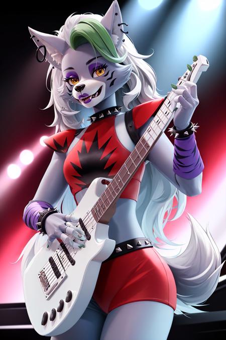 (masterpiece, best quality:1.2), <lyco:fnafsb_roxannewolf-11:1.0>, cowboy shot, solo, 1girl, fnafroxanne, furry female, body fur, makeup, holding, instrument, holding guitar, wolf ears, crop top, collar, spikes, jewelry, ear piercing, bracelet, wolf tail, concert, spotlight