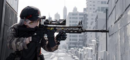 masterpiece,best quality, lens flare, depth of field, (close-up:0.8), 

1girl ,standing, holding weapon, holding rifle, aiming at viewer, 

gun, h&k hk416, assault rifle, rifle, open fire, firing, 

 <lora:HK416-000008:0.7>