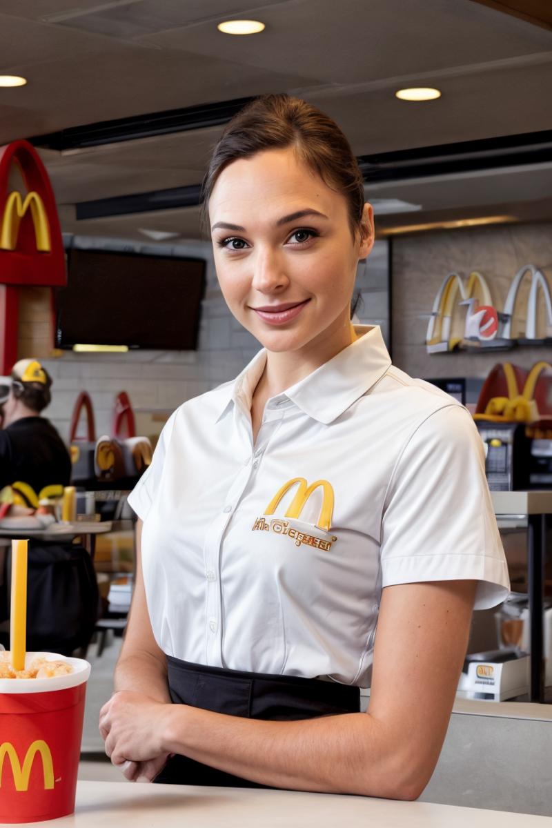 A woman wearing a McDonald's polo shirt and apron.