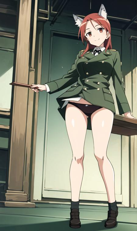 minna_dietlinde_wilcke, 1girl, solo, long hair, red eyes, underwear, panties, red hair, uniform, military, military uniform, jacket, green jacket, wolf ears, wolf tail, wolf girl, minna_dietlinde_wilcke, 1girl, solo, long hair, red eyes, underwear, panties, red hair, uniform, military, military uniform, origin military uniform, wolf ears, wolf tail, wolf girl,