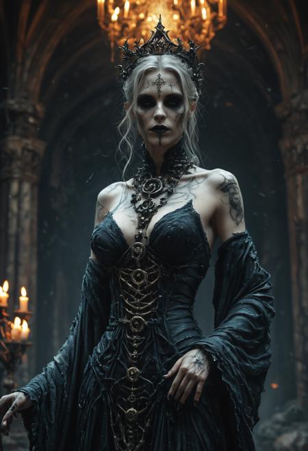 a beautiful female necromancer stands in her tower on the dead planet, her plunging gown is rife with symbols of magix and death, a swirling aura of undead magic surrounds her, an atmosphere of dark magic and death, desolation, corpse magic, high detail skin texture, realistic skin, masterpiece, meticulous, octane render, 35mm, bokeh, 9:16, (intricate details:1.12), hdr, (hyperdetailed:1.15), , (realistic photo), (in the style of Gerald Brom:1.2), <lora:SDXLFaeTastic2400:0.8>