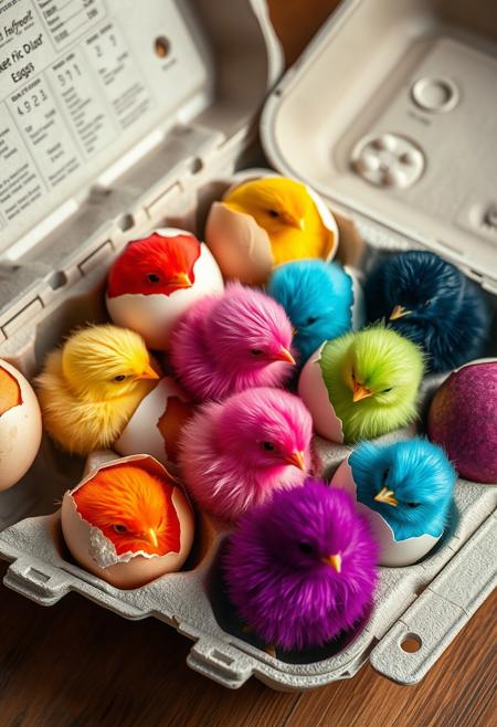 "Hyper-realistic scene: a standard carton of a dozen eggs lies open, with each egg cracked and a tiny, fluffy chick emerging from within. But this is no ordinary brood - each chick is a different color of the rainbow, from vibrant red to radiant violet. The chicks' downy feathers are perfectly rendered, with intricate textures and subtle shading. The eggs themselves are detailed, with visible membranes and shell fragments. The carton's cardboard and plastic components are also meticulously recreated, with realistic creases and wear. The overall effect is one of joyful, colorful chaos, as if the very colors of the rainbow have burst forth from the eggs. Style: photorealistic, with a focus on capturing the intricate details and textures of the eggs, chicks, and carton."