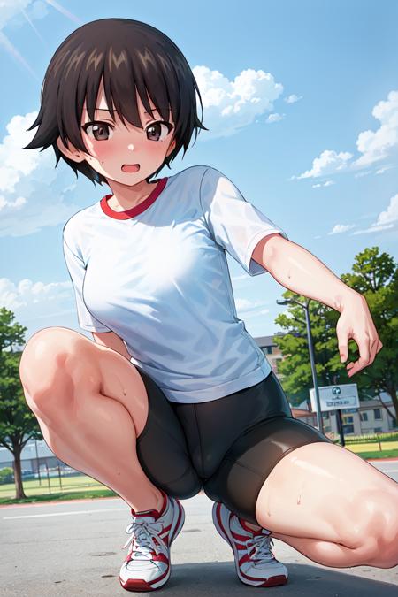 masterpiece, best quality, 1girl, solo, girls und panzer, isobe noriko, white shirt, bike_shorts, sneakers,sweat, spread legs, squatting, outdoors, blue sky <lora:Isobe Noriko:0.6>