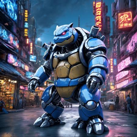 photo of full body shot of solo robot blastoise, a robot turtle, standing in cyberpunk city, neon signs in background, HD, masterpiece, best quality, hyper detailed, ultra detailed,