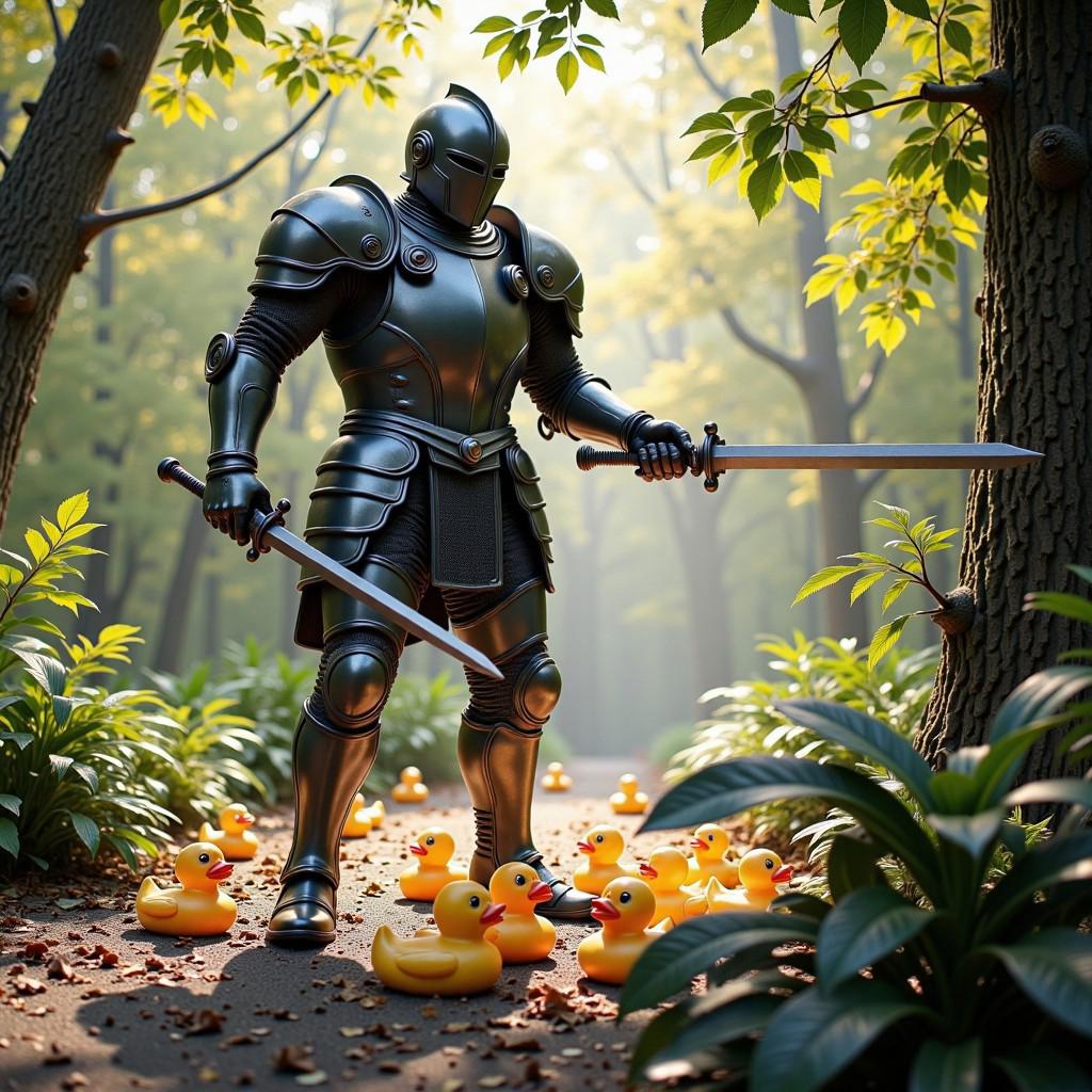 m3m3, Medieval knight in a mech suit battling a swarm of rubber duckies in a dense jungle.