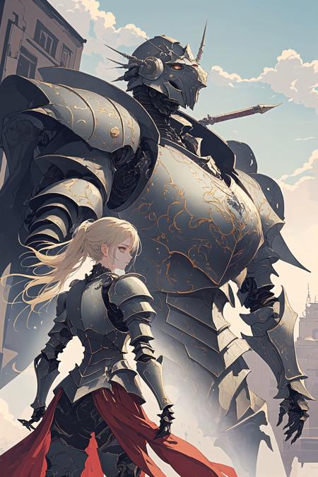 ((best quality)), (((masterpiece))), (highres), original, extremely detailed 8K wallpaper, 
steampunk art,
(((an extremely delicate and beautiful ))),1girl,
,(With a huge armored warrior in the background:1.5),With a huge armored warrior in the background,(A huge armored warrior stands behind),<lora:yogisya-0.1-6-b31-bf16-D128-A1-1-ep64-768-DAdaptation-cosine:0.2> <lora:portrait-0.1-2-b28-bf16-D128-A1-1-ep64-768-DAdaptation-cosine:0.4> <lora:ezu-0.1-4-b29-bf16-D128-A1-1-ep64-768-DAdaptation-cosine:0.4>