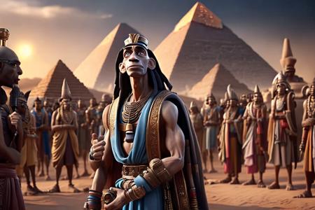 d3caricature-beta-y, medium shot of an Egyptian Pharaoh, speaking to a crowd, pyramids in the background, masterpiece, award winning photography, ultra detailed, 8k	