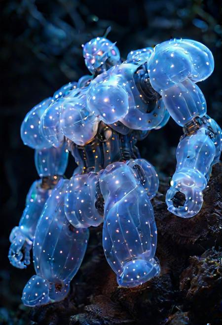 Ultrarealistic. Gigantic mecha, gundam  made of bioluminescent organisms