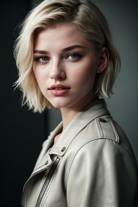 photo of (s4r4hgrey-135:0.99), a beautiful woman, perfect platinum blonde short hair, (modern photo, Gun Smoke Gray leather jacket and long sleeve top:1.1), 85mm, (analog, cinematic, film grain, hazy atmosphere:1.3), ((plain Oatmeal background, jazz club:1.2)), detailed eyes, (seductive), painted lips, eyeliner, (epicPhoto), (looking at viewer), jewelry, (cinematic shot:1.3), PA7_Portrait-HL_v2