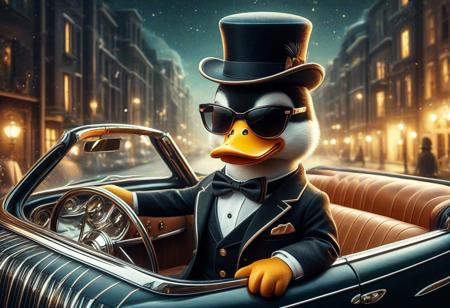 digital painting of a modern edge cute duck in suit and bowtie, top hat and cutting edge sunglasses,  entirely made of retro sophistication texture, driving a convertible car, whimsical and magical atmosphere, soft lighting, highly detailed and stylized, concept art for a vintage charm-themed universe