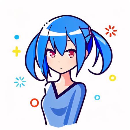 1girl,
blue hair, 
mbestyle,white background,  
confetti,