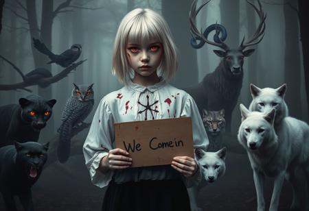 In a mist-filled forest, a pale girl with silver-white hair stands hauntingly still. Her white blouse, splattered with dark red stains, contrasts starkly with her ghostly skin. A simple black five-pointed star is visible on her chest, adding an unsettling graphic element. Her eyes glow with an intense crimson light, piercing through the dimness.
Around her, twelve wild animals create a tense, surreal circle. A black panther crouches nearby, its fur blending with the darkness, while its eyes reflect an eerie red. Two owls perched on branches survey the scene with glowing red eyes. A large snake, with blue-black iridescent scales, coils around a tree branch, its gaze menacing.
In the background, a majestic stag stands with antlers silhouetted against the fog. Two lynxes, their fur patterned with shadows, move quietly, and a white wolf stands in the foreground, its eyes mirroring the girl’s glow.
The girl holds cardboard sign reading "We Come in Peace". The swampy ground is covered in mist, with refracted light casting shifting shadows, adding to the eerie, realistic quality of the scene