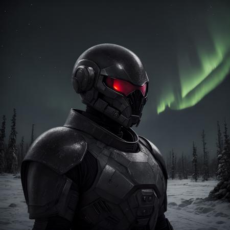 award winning studio photo portrait alien soldier, obsidian armor, north pole, Russia, Siberia, blizzard, small village, deep night, dark, low light, northern lights in the sky, lots of details, high detailed, futuristic landscape, cyberpunk, hight quaility, detailed texture, cinema shot, hdr, sharp focus, no human