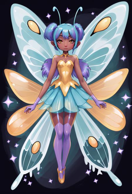 anime style, dark aqua skin, deep goldenrod Larkspur nymph,fairy wings, see-through gossamer, , on a ragged ship, bombshell hair, ultraviolet hair with goldenrod highlights, side ponytail,Teased Hair, superhero landing<lora:EnvyCuteFairyXL01:1>