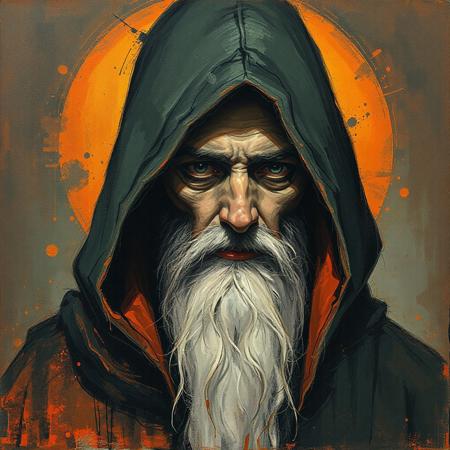 painting of a hooded wizard, rendered with bold, expressive smudges and unfinished strokes, Art nouveau style