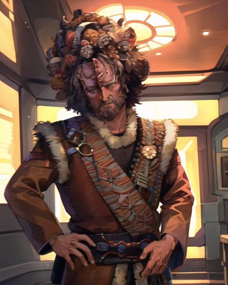 anime portrait, kazon, a male kazon, culluh, reddish brown ochre skin, bumpy ridged forehead, brown wooly hair with leaves, wearing knit fabric jacket with fur trim, wearing sash and belt with decorations, front view, medium shot, standing inside a sci-fi starship, indoors, anthony de longis, highly detailed, 8k, <lora:kazon_lora:0.8>