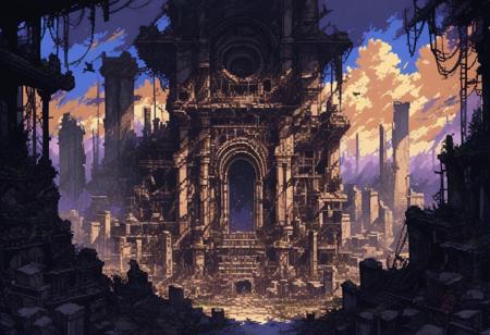 score_9, score_8_up, score_7_up, ultra quality, d3p1x3l, pixel art, scenery
apocalyptic landscape, ruins, destroyed mechs on the ground, tilt shift