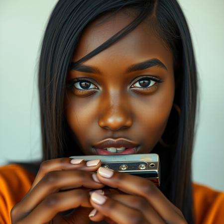 score_9, score_8_up,1 woman, cute, solo, African, dark-skinned, 18 years old,     black hair, grey eyes,     playing harmonica, closeup,   pleasure,  full lips, , focus on mouth, relaxed, total pleasure from mouthing the harmonica,
, very detailed, detailed eyes,  high detailed texture, realistic, photorealistic, perfect eyes, real life realistic, ExpressiveH, Cinematic Film,