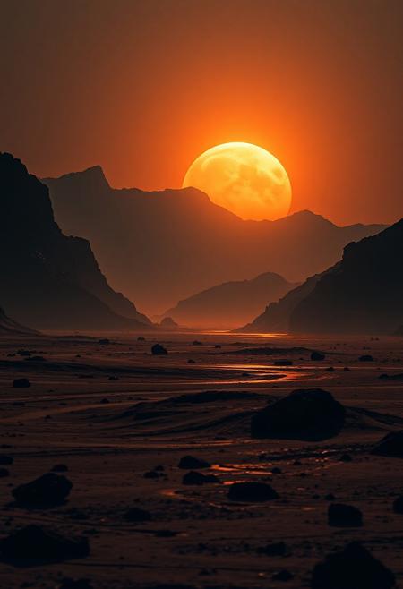 Martian mountains, extraterrestrial atmosphere, Martian sunset, beautiful Martian landscapes. highly detailed and hyper realistic photo, by Alena Aenami , by Archibald Thorburn , by Daniele Afferni , in the style of  monochromatic silhouette reflection,  limited dark palette, unusual dark colors, faded colors, atmospheric haze, highly dramatic cinematic lighting, motion blur, film grain,  professional, excellent composition, finest details, maximized details, ultimate detail level, masterpiece, best quality