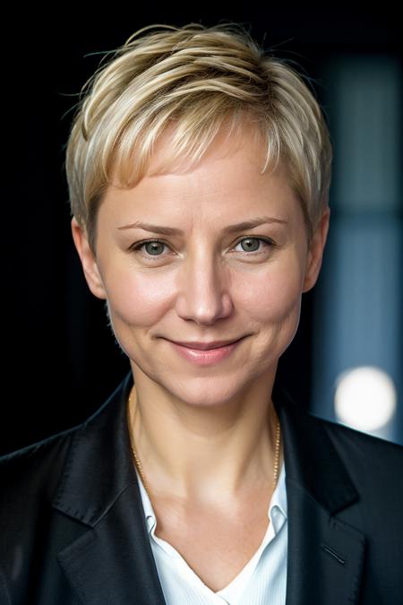 garinagrankova, woman, age: 45 years old, blonde hair, short hair, portrait, black business jacket, black background, soft light, formal, smile, front-view, teeth,
highly detailed, realistic,
 <lora:MarinaGrankovaSD:0.9>