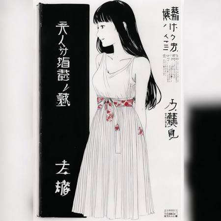 <lora:oldjapcover:1>, oldjapcover,  book cover, poster, drawing, japanese text, book with a, 1girl, bare shoulders, closed mouth, detached sleeves, dress, english commentary, greyscale, highres, ink \(medium\), inktober, leaning forward, long dress, long hair, long sleeves, looking at viewer, monochrome, multicolored hair, noss \(rariatto\), rat, sanpaku, sleeveless, sleeveless dress, smile, solo, streaked hair, traditional media, twitter username