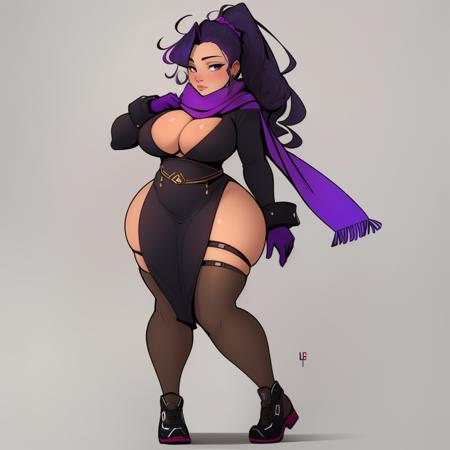 (masterpiece, best quality:1.3), Wellington Phelippe, 1girl, solo, looking at viewer, mature female, full body, thick thighs, simple background, large breasts, wide hips, purple hair, purple eyes, long hair, purple scarf, ponytail, gloves, scarf, thigh strap, dress, black gloves, long sleeves, coat, black coat  <lora:Wellington Phelippe Style Lora:.9>