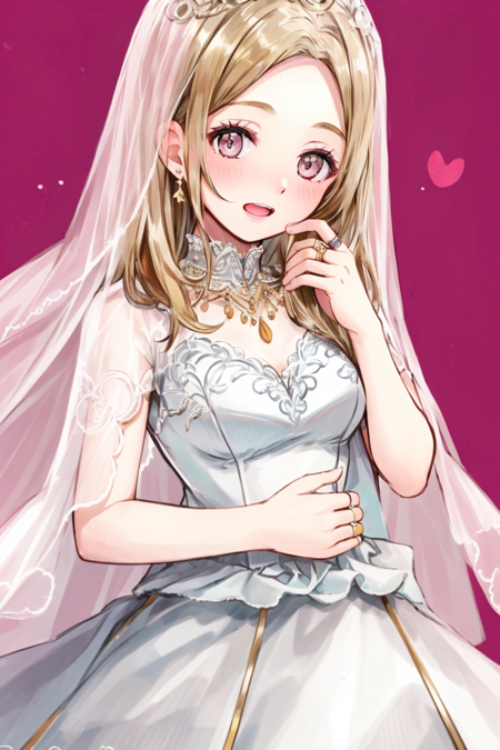 <lora:Ophilia_OT-10:0.85> ophilia, 1girl, solo, long hair, looking at viewer, blush, open mouth, simple background, dress, jewelry, white dress, pink background, ring, veil, wedding dress, bridal veil