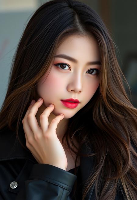 there is a woman with long hair wearing a black jacket, park shin hye as a super villain, jiyun chae, portrait of female korean idol, kim jung giu, female actress from korea, by Zhou Wenjing, korean women's fashion model, gorgeous young korean woman, dilraba dilmurat, beautiful young korean woman, whitebangsblackhair