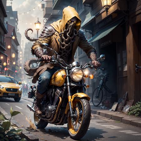 <lora:Hastur-000001:.7> Hastur, king in yellows riding a motorbike