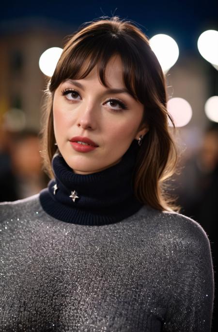 A photorealistic image of lv rdrg woman, at a glamorous red carpet event, wearing a turtleneck sweater, posing for the cameras. The setting is a star-studded outdoor event during the night, with spotlight lighting. The color scheme is dark and elegant, with a close-up perspective. The style is luxurious and high fashion, with a blend of realism and glamor, dramatic, UHD, analog film grain, bokeh