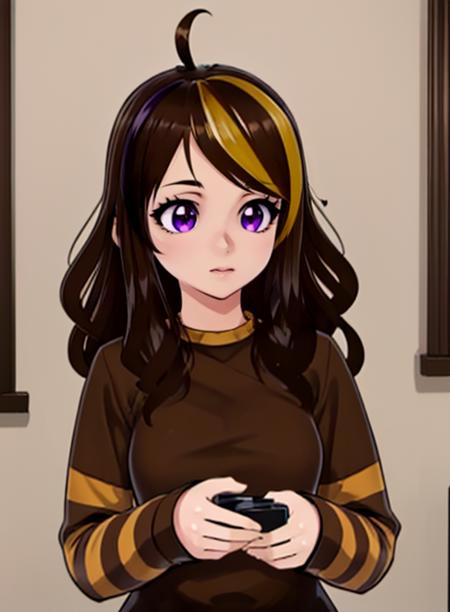 best quality, (masterpiece),(ultra-detailed), (high quality), (high resolution), <lora:kiarafey-10:0.7>, kiarafey, brown hair, long hair, multicolored hair, purple eyes, blonde hair, streaked hair, ahoge,striped, brown sweater,