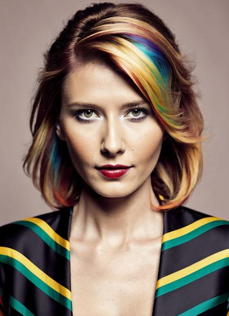 analog style, modelshoot style, portrait of sks woman by Flora Borsi, style by Flora Borsi, bold, bright colours, rainbow Mohawk haircut, ((Flora Borsi)), <lora:locon_jewelstaite_v1_from_v1_64_32:1.25>