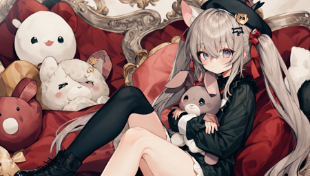 best quality, masterpiece, extremely detailed, detailed background, 1girl, animal ears, stuffed toy, stuffed animal, grey eyes, long hair, solo, tail, stuffed bunny, grey hair, hat, looking at viewer, hair ornament, pillow, socks, bow, very long hair, twintails, long sleeves, rabbit ears, bangs, beret, sitting, closed mouth, object hug, black footwear, hair between eyes, black shirt, phone, black headwear