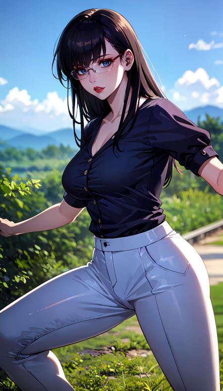 photorealistic, (4k), depth of field, (Masterpiece), (realistic skin texture), extremely detailed, intricate, hyper detailed, professional photography, bokeh, high resolution, sharp detail, best quality, woman, glasses, long hair, black hair,  dark blue eyes, blue shirt, white pants, red lipstick, tired eyes, <lora:GoodHands-vanilla:0.8> , <lora:detail_slider_v4:0.8> , twirling pose, dynamic pose, <lora:Touko Kanbayashi-000004:0.7> , open fields, grassy hills, mountainous horizon,