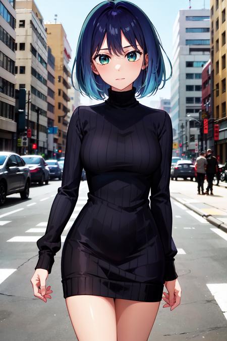 masterpiece, best quality, highres, 1girl, hmakane, blue hair, short hair, gradient hair, medium breasts, <lora:kurokawa_akane_v1:0.8>, sweater dress, turtleneck, virgin killer sweater, standing, cowboy shot, street,